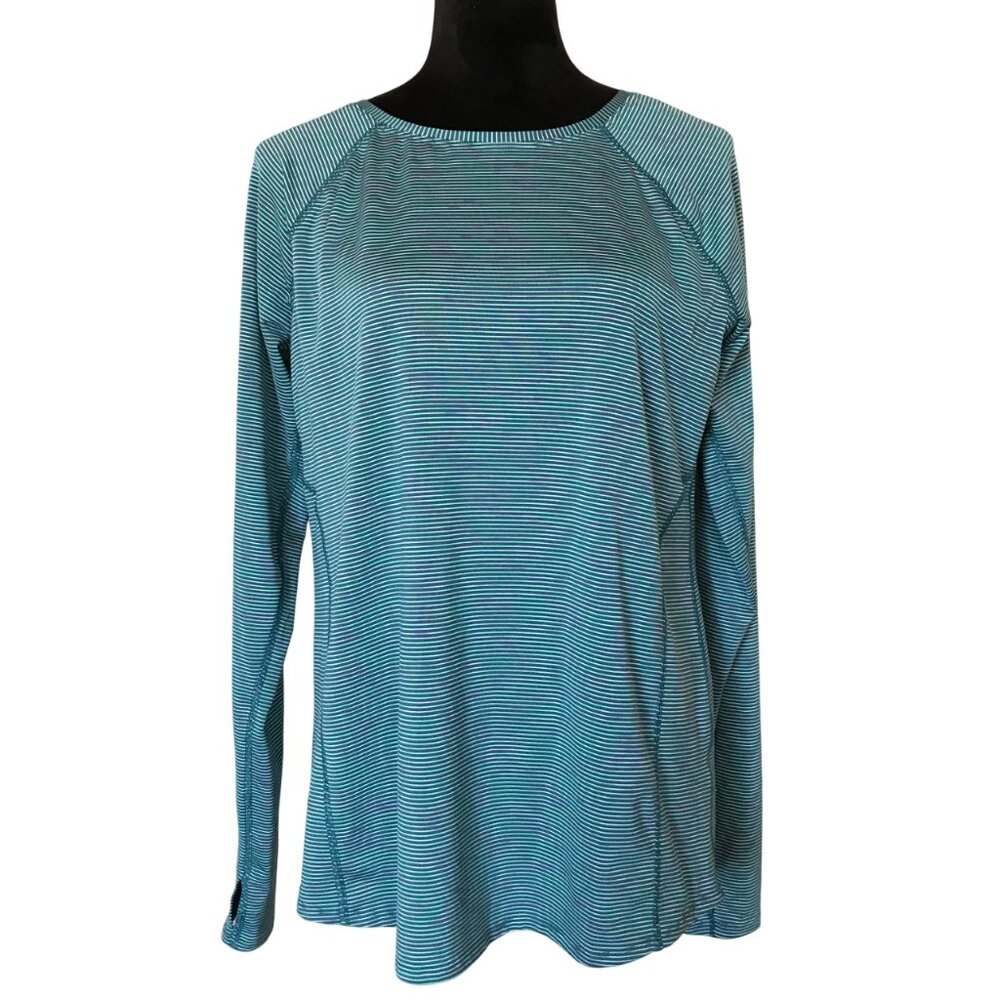 TekGear Long-Sleeved Activewear Top, Athletic Workout Shirt Teal White Stripe M